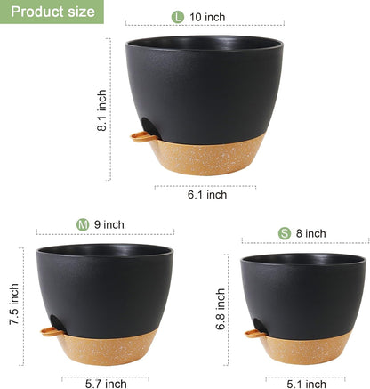 WSMKSZ 10/9/8 inch Self Watering Pots, Planter, Plant Pots with Mesh Drainage Holes for Indoor Outdoor Garden Plants, Plastic Flower Pots with Deep Reservoir for House Plants, Green with Brown