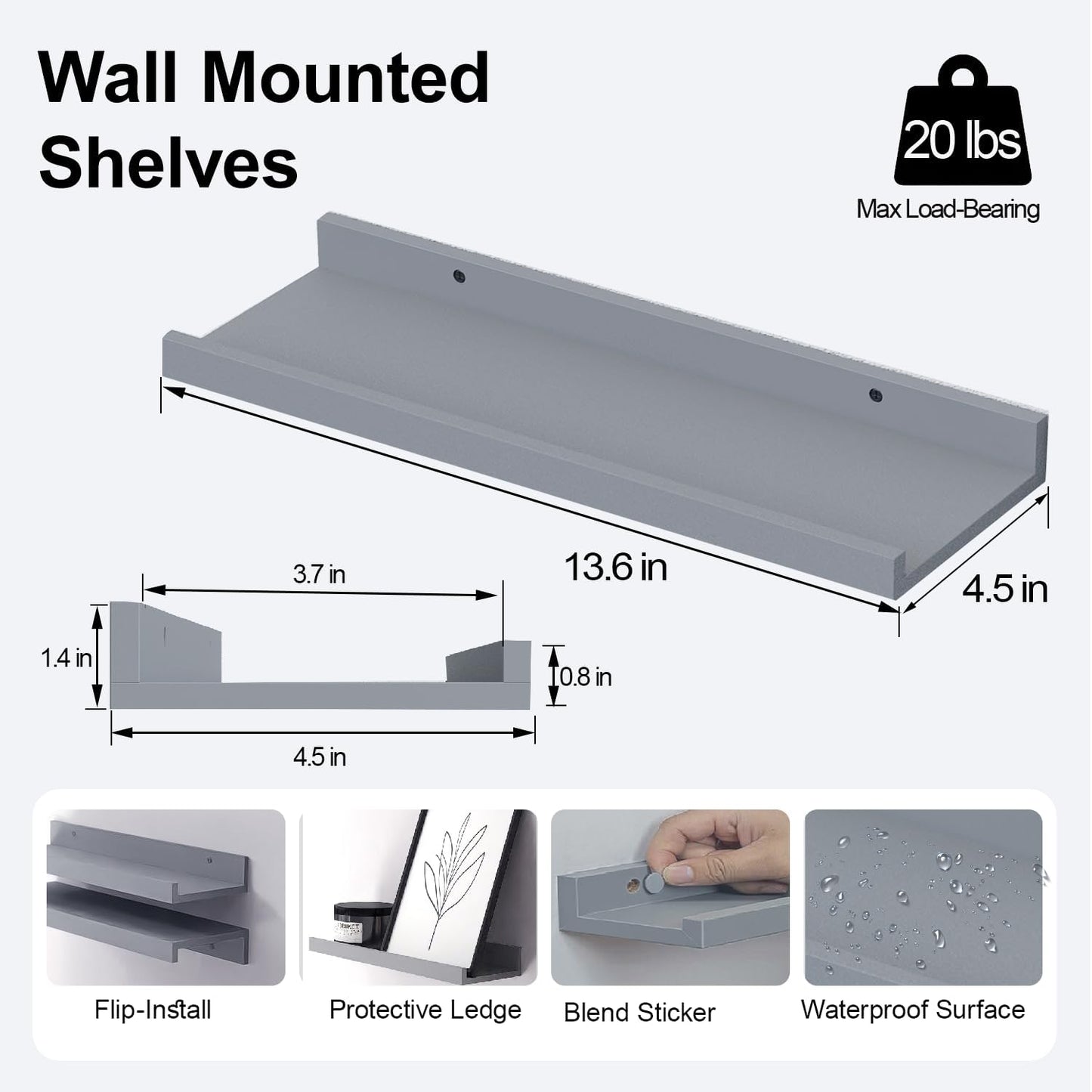 White Floating Shelves for Wall Decor, Wall Mounted Wood Storage Shelf for Bedroom, Living Room, Bathroom, Kitchen, Nursery, Display Picture Ledge Shelf with Lip Set of 2-14 Inches, White