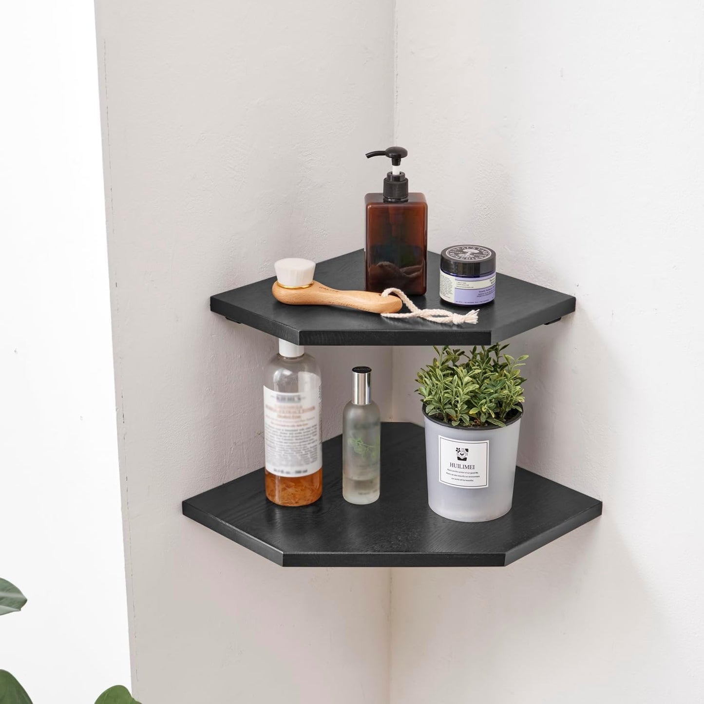 Corner Wall Shelves, Corner Floating Shelves Set of 2 Solid Oak Wood Display Shelf with Wire Hole Small Plant for Kitchen Living Room Natural