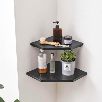 Corner Wall Shelves, Corner Floating Shelves Set of 2 Solid Oak Wood Display Shelf with Wire Hole Small Plant for Kitchen Living Room Natural