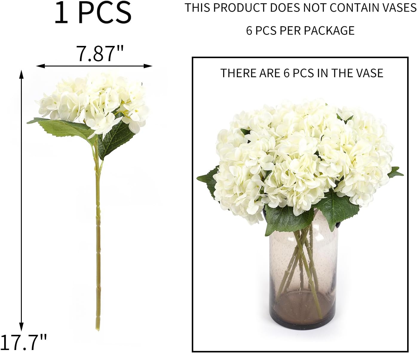 Kimura's Cabin 6pcs White Hydrangea Artificial Flowers Silk Fake Hydrangeas Faux Hydrangea Flowers with Stems for Wedding Bouquets Arrangement Home Table Centerpieces Baby Shower Party Decoration