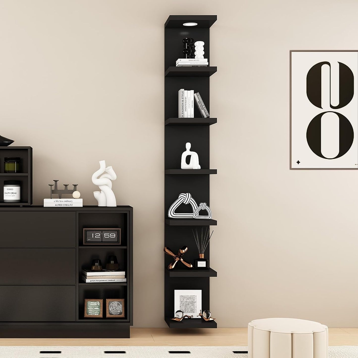 LitaEther Versatile 7 Tier Wall Shelf Unit,White Lack Wall Shelf,Display Floating Shelf with LED Remote Control Light