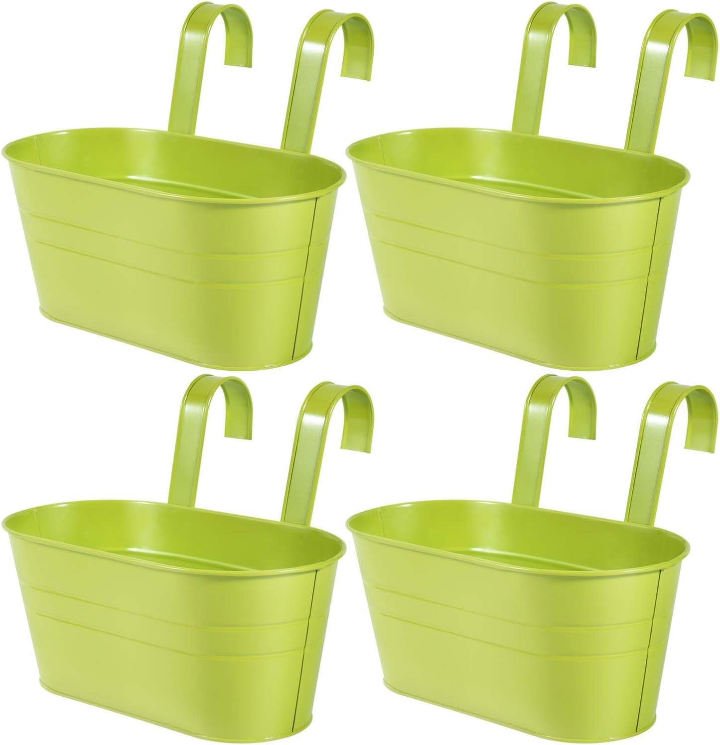 OBTANIM 4 Pack Metal Hanging Flower Pots Iron Railing Planter Outdoor Fence Hanging Pots Bucket Plant Holder with Detachable Hooks Drain Holes for Home Garden Yard Decor (Black)