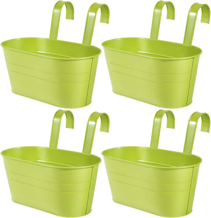 OBTANIM 4 Pack Metal Hanging Flower Pots Iron Railing Planter Outdoor Fence Hanging Pots Bucket Plant Holder with Detachable Hooks Drain Holes for Home Garden Yard Decor (Black)