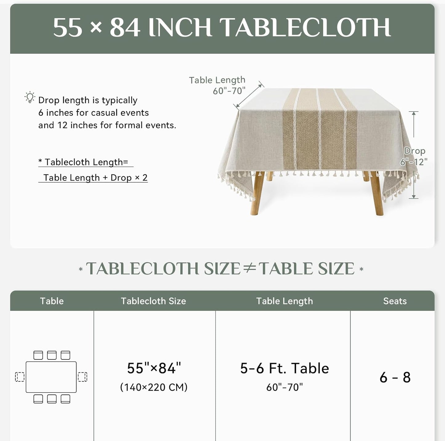 Softalker Outdoor Tablecloth Rectangle, Waterproof Linen Cotton Farmhouse Table Cloths with Tassel, Heavy Weight Wrinkle Free Boho Table Cover for Picnic Camping Dining - 55 x 70 Inch, Coffee Lines
