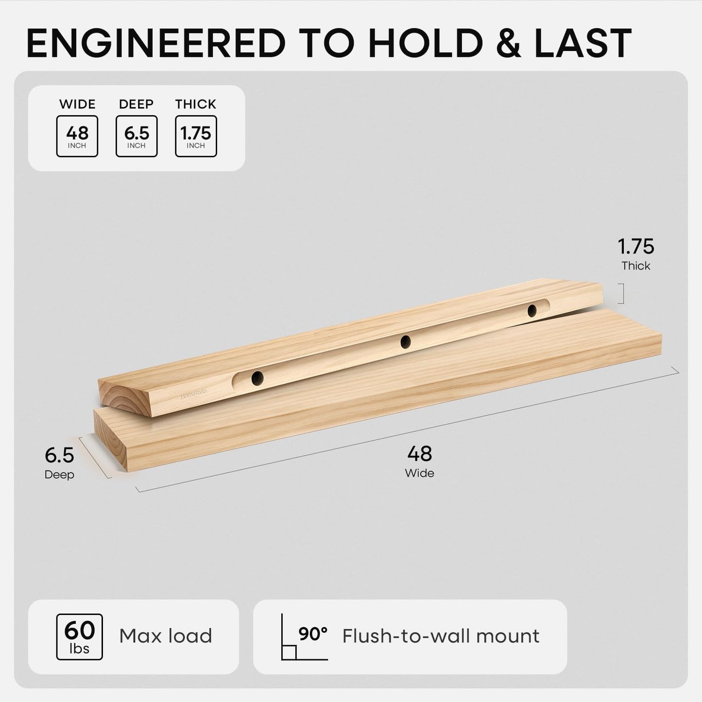 Homeforia 24 inch Natural Floating Shelf, High End Solid Real Wood 24inch Small Floating Shelves for Wall Mounted, Natural Wooden Floating Shelves, Heavy Duty Bracket, 24 X 6.5 X 1.75 in, Set of 2