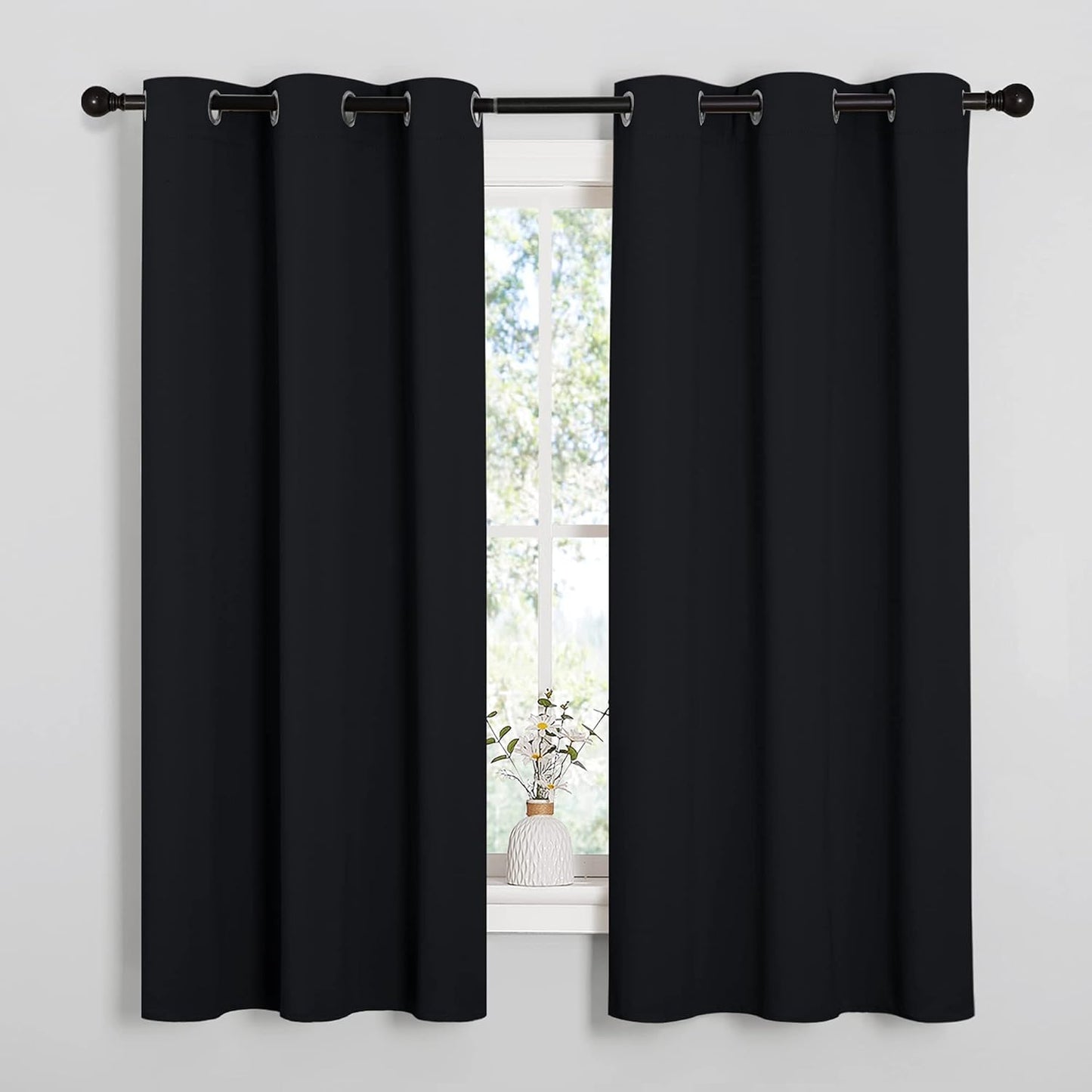 NICETOWN Halloween Pitch Black Solid Thermal Insulated Grommet Blackout Curtains/Drapes for Bedroom Window (2 Panels, 42 inches Wide by 63 inches Long, Black) - Colors E