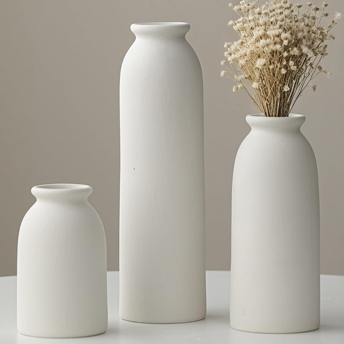10.4 inches Tall Decorative Ceramic Vase Set, 3 Pieces, Nordic Modern Boho Style, White, Modern Farmhouse for Home Decor (Coffee Mix)