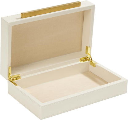 Sagala Set of 2 Ivory Shagreen Decorative Boxes With Brushed Gold Metal Handles, Faux Leather Jewelry Boxes Modern Storages Photo Memory Boxes Home Organizer Boxes (Ivory-Gold, 2pack)