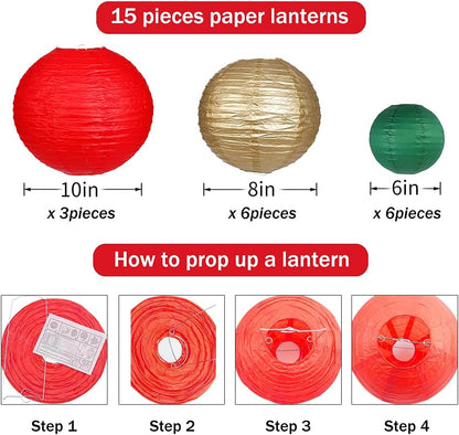 Paper Lanterns Decorative, Round Hanging Paper Lanterns Decorations for Rustic Party Bridal Shower Wedding Sage Green Birthday Party Supplies Gold/Ivory/Sage Green 15pcs