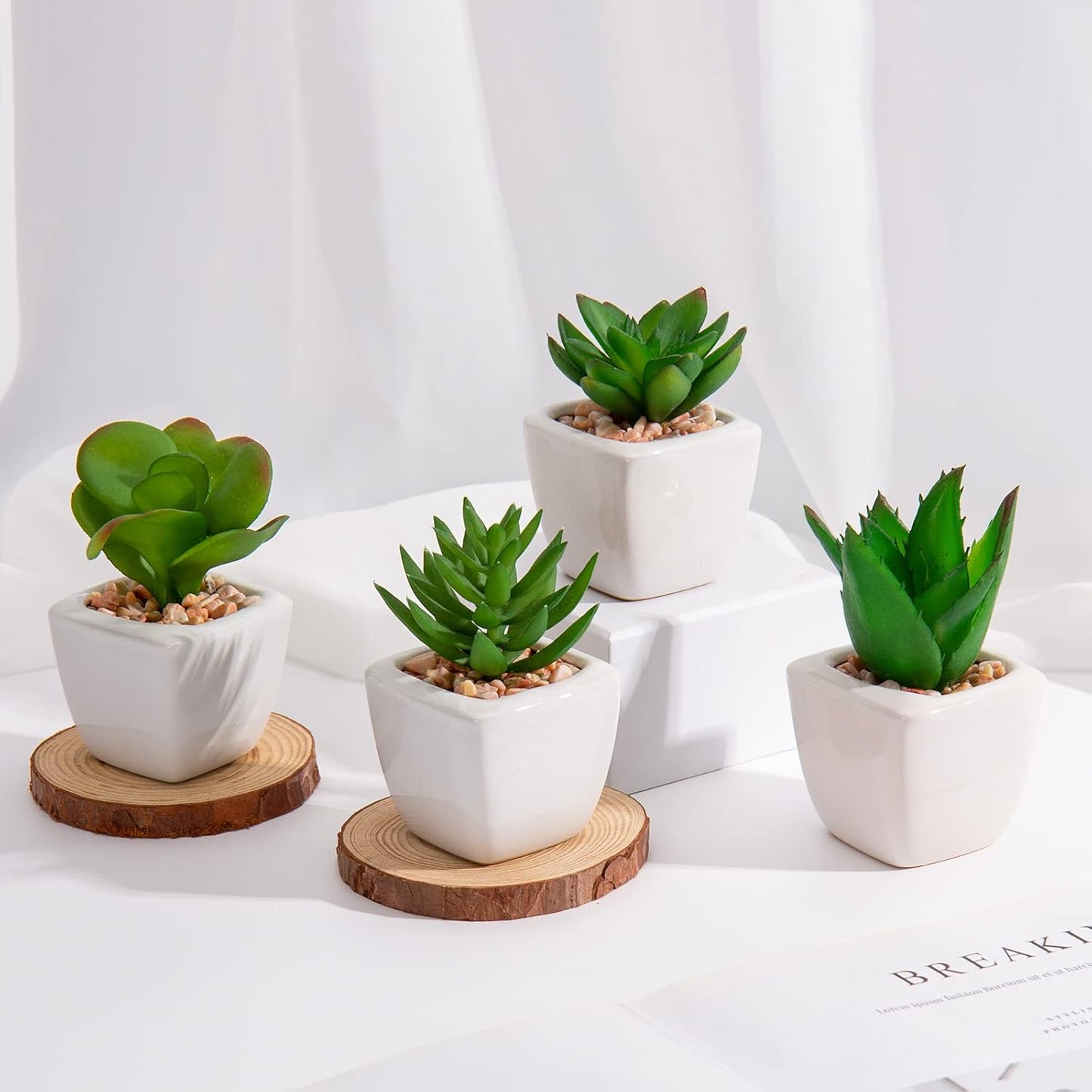 Briful Mini Fake Plants 4 Packs Succuletns Artificial Potted Plants in Cube Glass Vase Faux Succulents for Bathroom Living Room Kitchen Shelf Table Decor