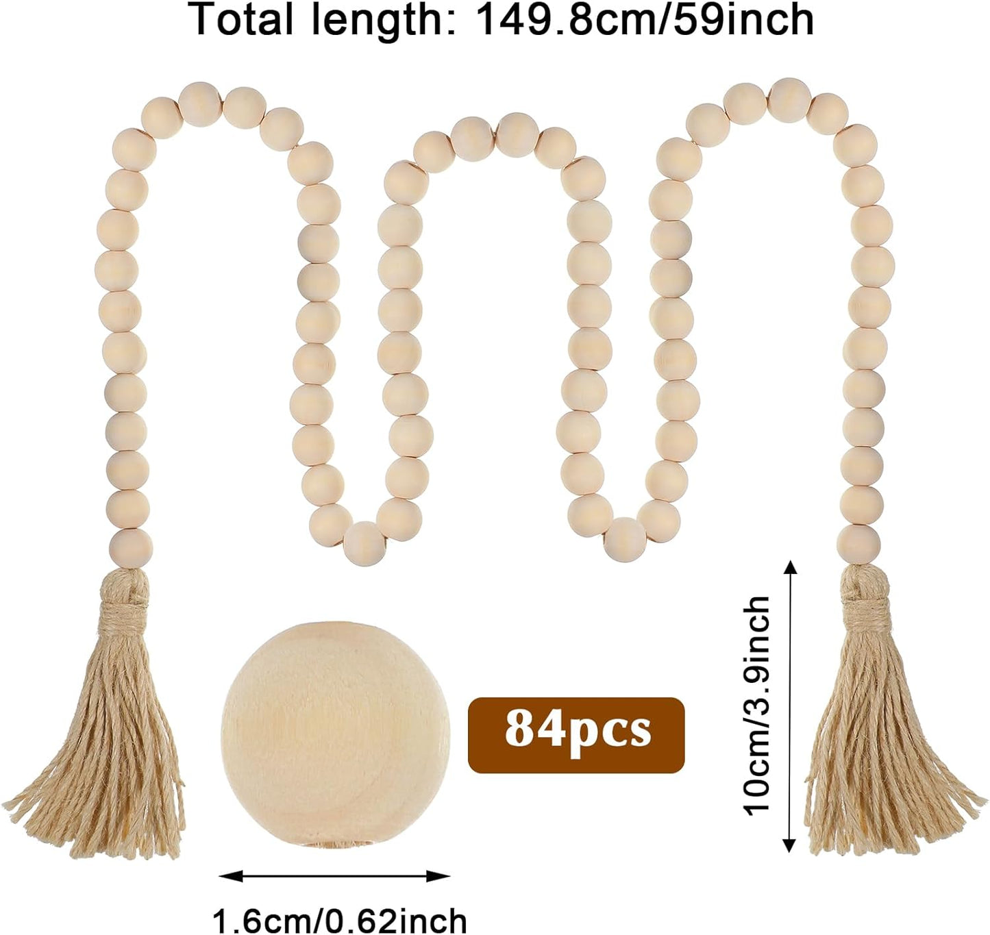 34in Farmhouse Wood Beads Garland with Tassels, Decorative Bead Home Decor Wooden Beads Garland Country Room Hanging for Wood Entryway Table, Shelf, Tray, Curtain Decor (Beige)