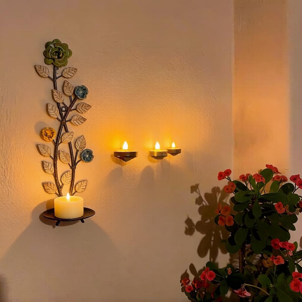 Metal Wall Candle Sconce Holders Set of 2, Rustic Leaf and Flower Branch Candle Holder Wall Decoration for Living Room Farmhouse Wedding Fireplace