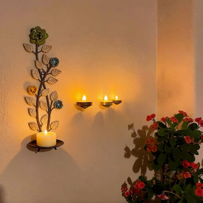 Metal Wall Candle Sconce Holders Set of 2, Rustic Leaf and Flower Branch Candle Holder Wall Decoration for Living Room Farmhouse Wedding Fireplace