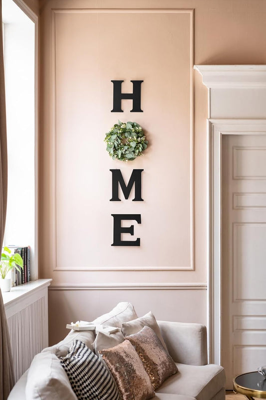 Mkono Farmhouse Wall Home Sign with Artificial Eucalyptus for O Rustic Wooden Hanging Letters Decorative Wall Art Decor for Living Room Kitchen Entryway Housewarming Gift, Brown