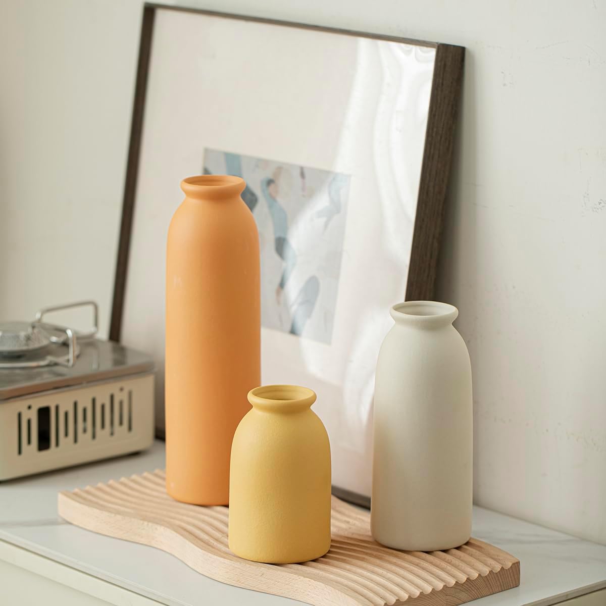 10.4 inches Tall Decorative Ceramic Vase Set, 3 Pieces, Nordic Modern Boho Style, White, Modern Farmhouse for Home Decor (Coffee Mix)