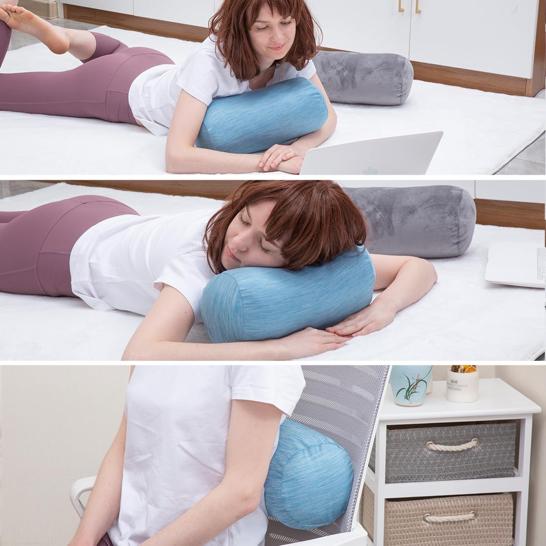 1 MIDDLE ONE Round Cylinder Bolster Pillow with Removable Velvet Cover, Tube Roll Cervical Pillow for Head, Neck, Back and Legs Support, 13" x 6", Grey