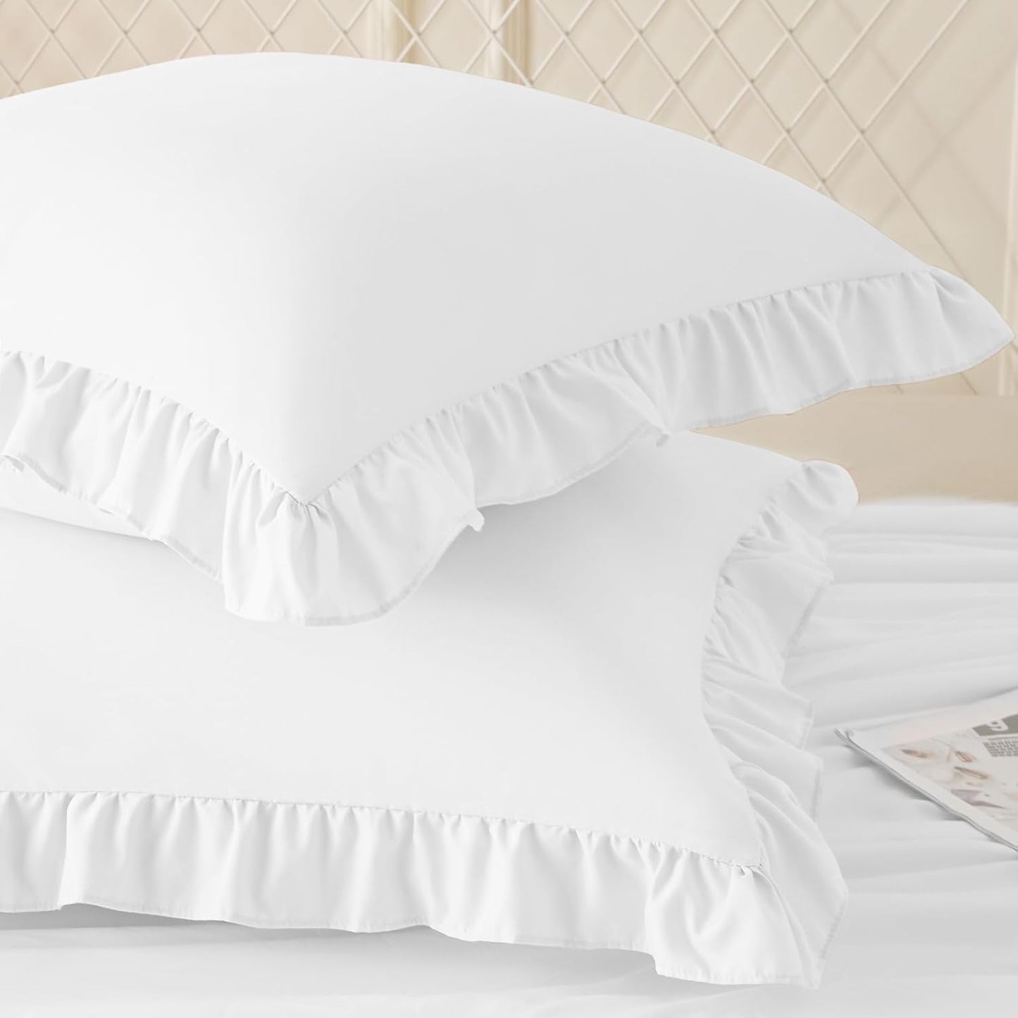 KKJIAF Ruffle Pillow Cases 26x26 Inches, White Square Ruffled Pillow Covers Set of 2, Microfiber Wrinkle Resistant Pillow Shams with Envelope Closure for Sofa Bed Living Room