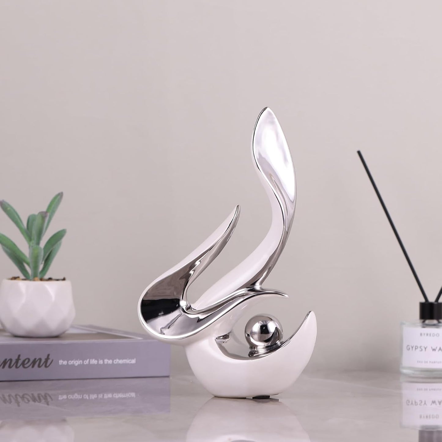 Silver Living Room Decor Table,Sculptures Home Decor,Modern Abstract Art,Dinner Table Centerpiece Decor,Ceramic Statue and Figurines Decorations Accent,Adorno Para Mesa Comedor(White Silver)