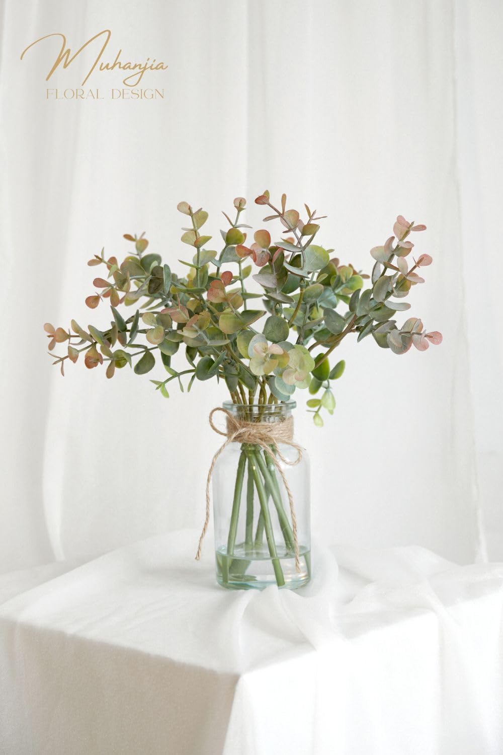Muhanjia Artificial Eucalyptus Stems in Glass Vase with Faux Water,3Pcs Fake Plant with Double-Sided Green Leaves for Centerpiece(Double-Sided Green Eucalyptus)