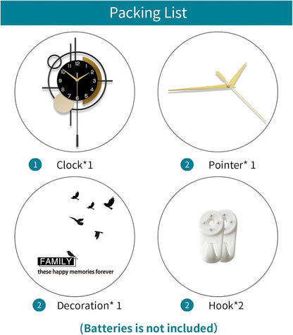 Wall Clock for Living Room Decor Decorative Wall Clock with Pendulum Silent Quartz Battery Operated Black Metal Large Clock for Dining Room,Kitchen,Home,Bathroom,Bedroom,13.8x21.3 in