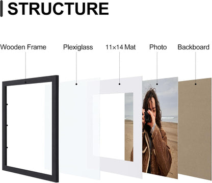 Vittanly 8x10 Picture Frames Set of 9, Shatter Resistant Plexiglass, Display 5x7 Pictures with Mat or 8x10 without Mat, Photo Frames for Wall or Tabletop, Engineered Wood, Black - Colors A