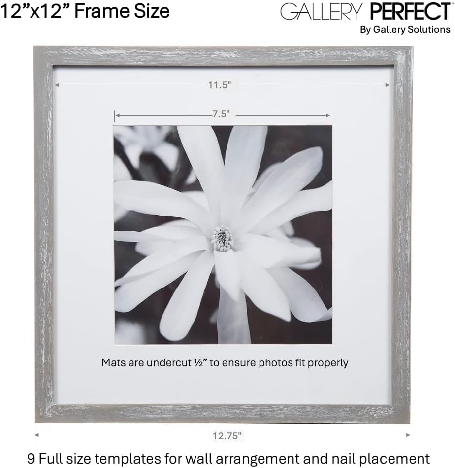 Gallery Perfect 12x12 Picture Frames, 9 Piece Set with Real Glass Cover for 8x8 Photos With Mat, Picture Frames Collage Wall Decor for Gallery Wall, Home Decor, Black