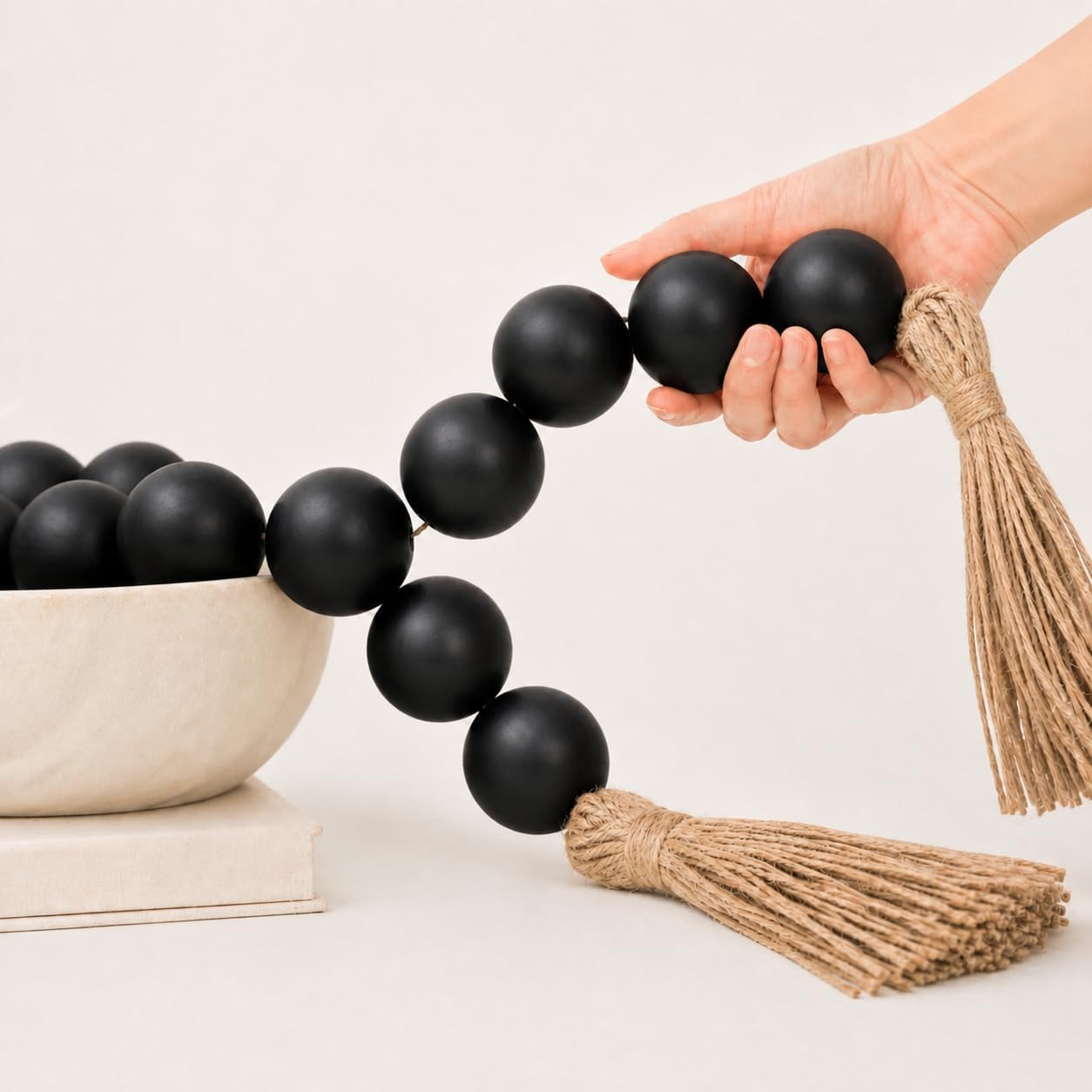 OMISHE Extra Large Wood Bead Garland with 1.6" Diameter Wooden Beads and Tassels, 41" Long Rustic Farmhouse Country Decorative Beads for Home Tiered Tray Decor, Natural Beige