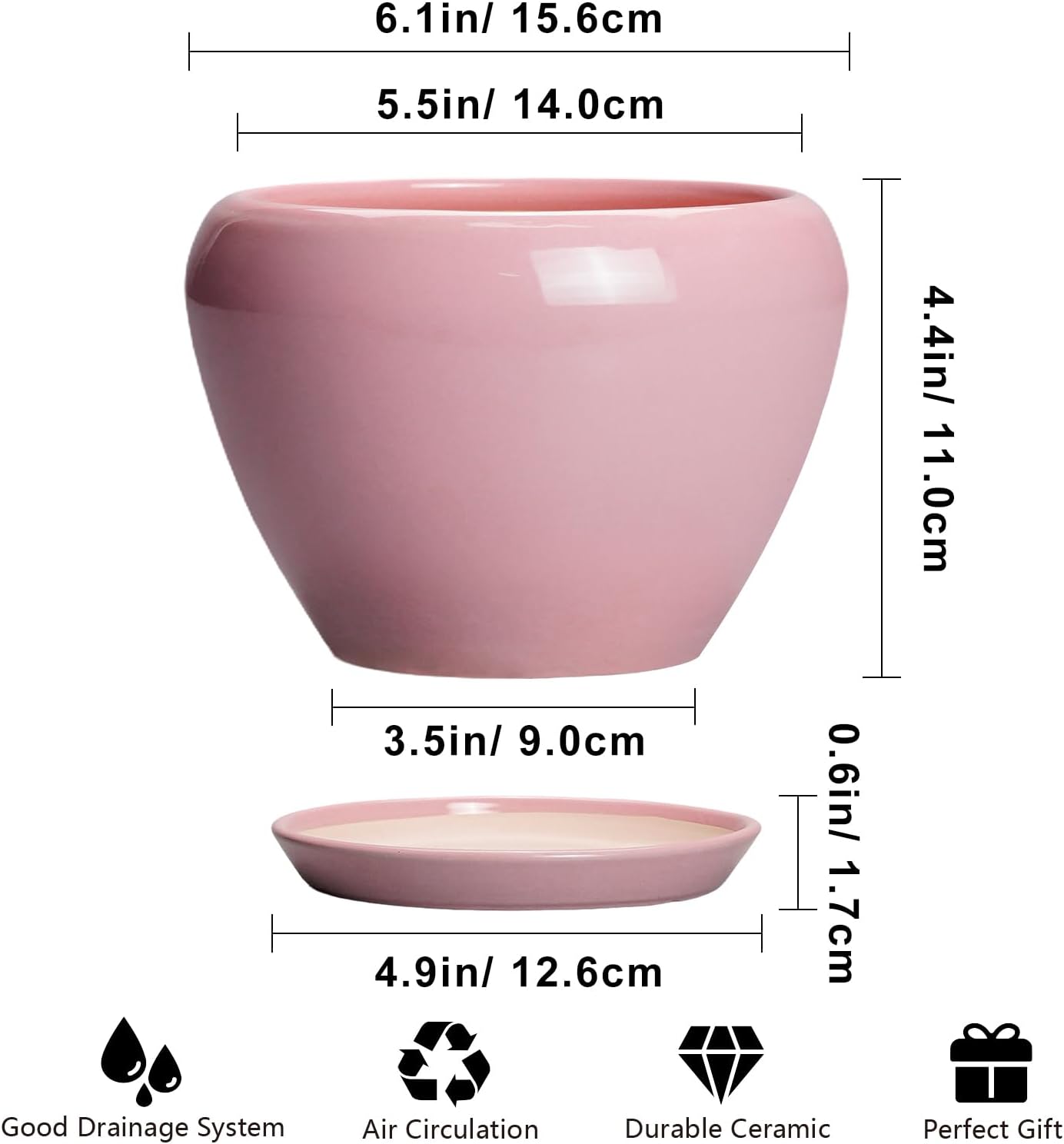 Ceramic Modern Glaze Succulent Planter Pot with Drainage Hole and Saucer 6 Inch Round Flower Plant Pot for Indoor Outdoor Herb Snake Plants