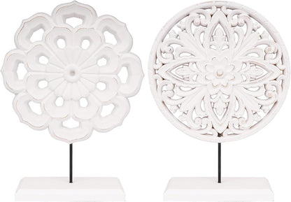 AXEARTE 2 Pack Wooden Carved Cutout Flower Medallion Sculpture, Rustic Distressed White MDF Statues Home Tabletop Decor, Decorative Ornaments for Living Room, Bedroom, Office Desktop, Cabinets
