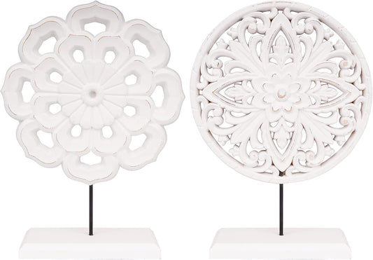 AXEARTE 2 Pack Wooden Carved Cutout Flower Medallion Sculpture, Rustic Distressed White MDF Statues Home Tabletop Decor, Decorative Ornaments for Living Room, Bedroom, Office Desktop, Cabinets
