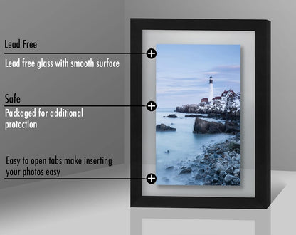 Americanflat 8x10 Floating Picture Frame with Polished Crystal-Clear Glass - Use as 5x7 Picture Frame or Display 4x6 Photo - Signature Float Collection - Photo Frames for Tabletop or Wall - Black