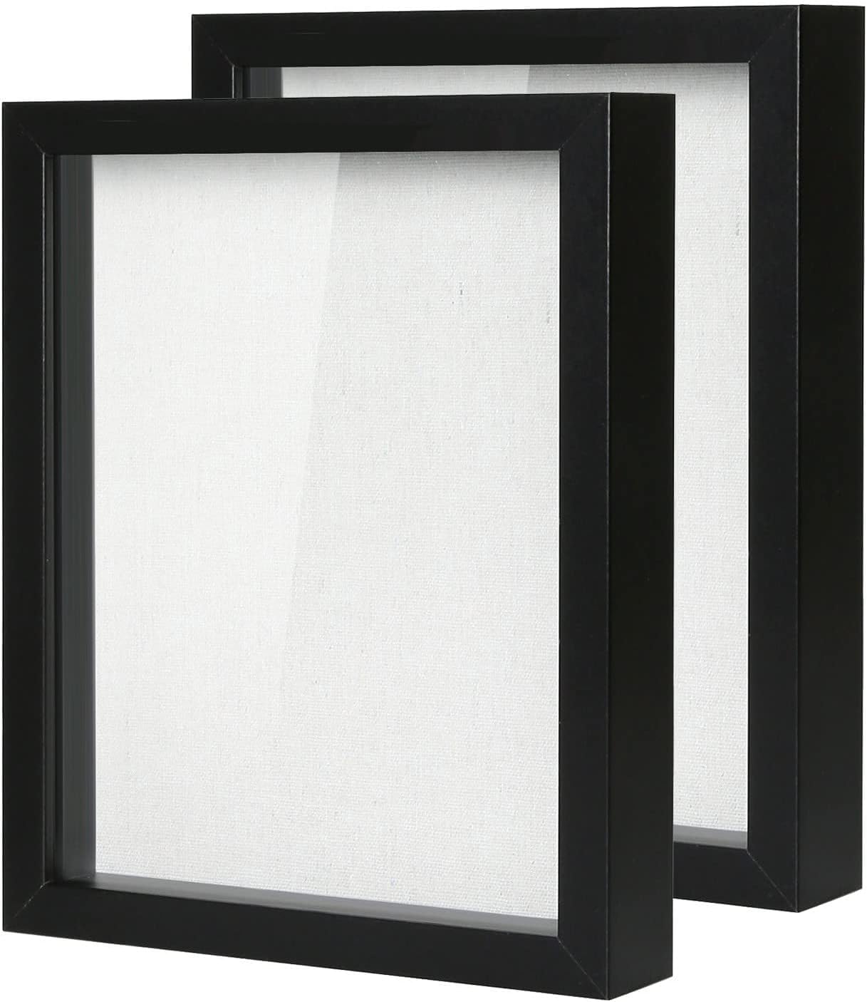 Muzilife 8x8 Shadow Box Picture Frame with Linen Board - Deep Wood & Glass Display Case Ready to Hang Memory Box Baby Sports Memorabilia, Pins, Awards, Medals, Wedding, Tickets and Photos (Black)