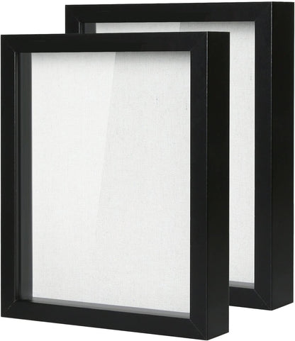 Muzilife 8x8 Shadow Box Picture Frame with Linen Board - Deep Wood & Glass Display Case Ready to Hang Memory Box Baby Sports Memorabilia, Pins, Awards, Medals, Wedding, Tickets and Photos (Black)