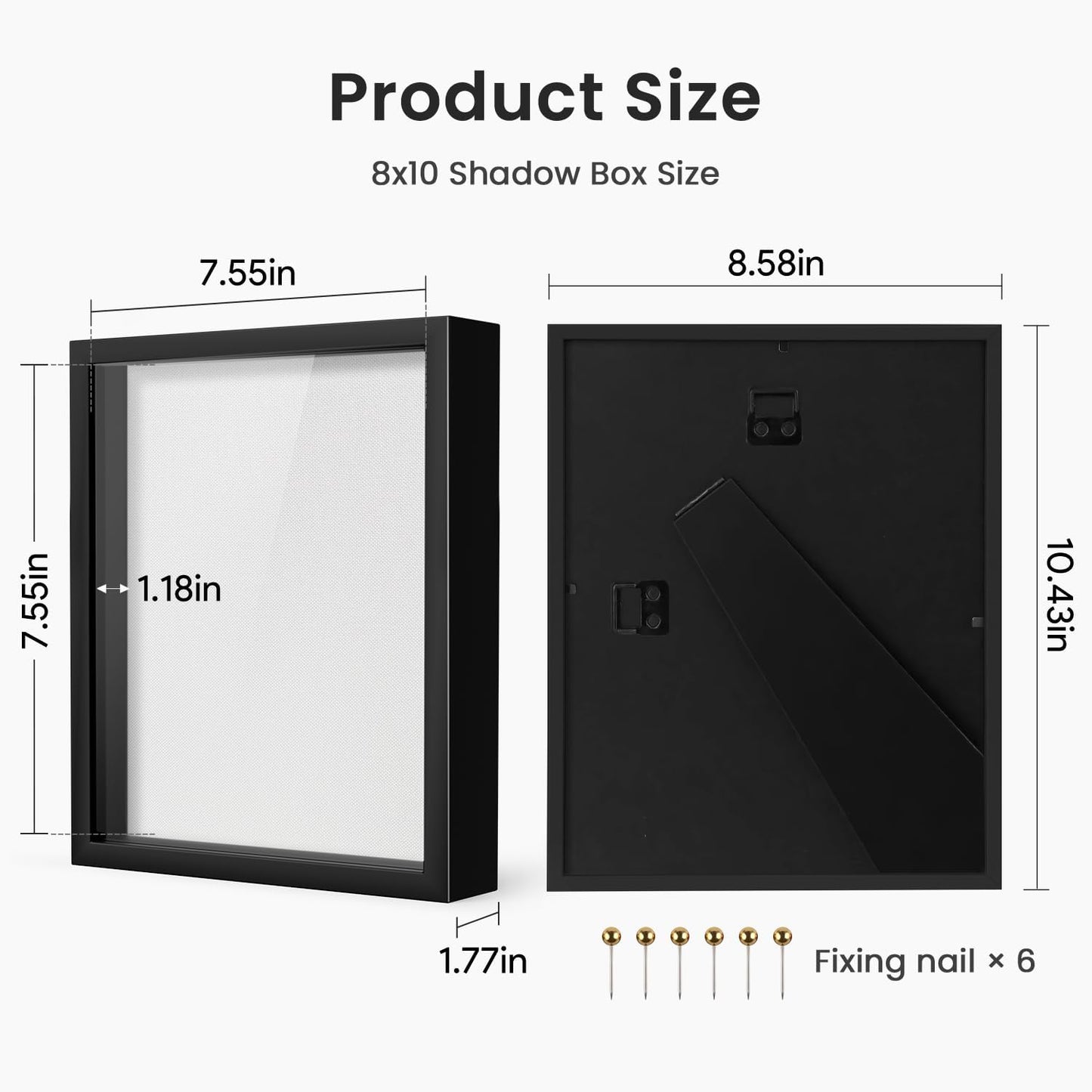 8x10 Shadow Box Frame | Soft Linen Back & Push Pins Included, Polystyrene Glass Memory Display Case for Flowers, Tickets & Cherished 3D Items, Black