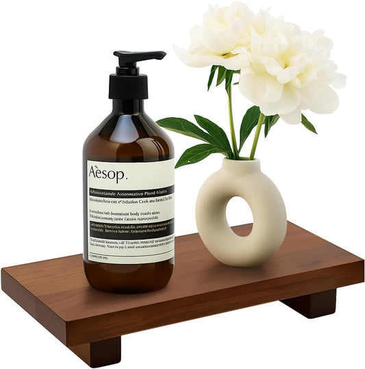 Wooden Pedestal Stand Black Bathroom Counter Organizer Tray Decor Farmhouse Wood Risers Small Hand Soap Dish Dispenser Holder for Kitchen Sink Modern Bathroom Vanity Accessories Decorative Tray