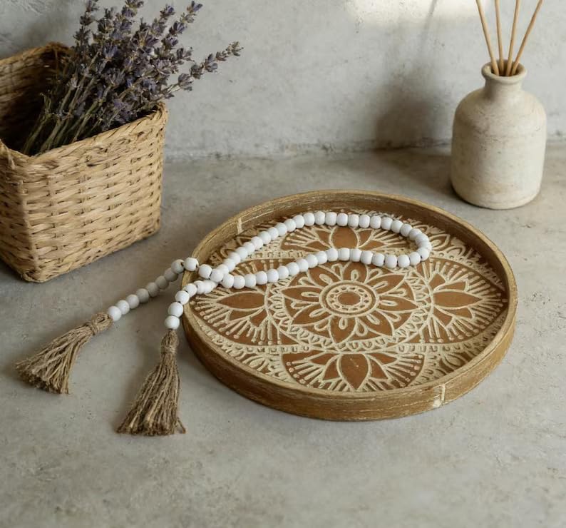 Hanobe Decorative Serving Tray Round: Farmhouse Coffee Table Decor Boho White Mandala Trays for Living Room Kitchen Bathroom Display