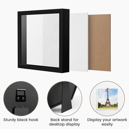 8x10 Shadow Box Frame | Soft Linen Back & Push Pins Included, Polystyrene Glass Memory Display Case for Flowers, Tickets & Cherished 3D Items, Black