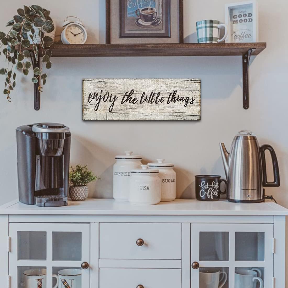 Quotes Wall Decor Enjoy the Little Things Sign Family Wall Signs Canvas Prints Rustic Wooden Wall Art Wood Pictures for Living Room Bedroom Office Home Decor, 6 X 17 Inch Framed