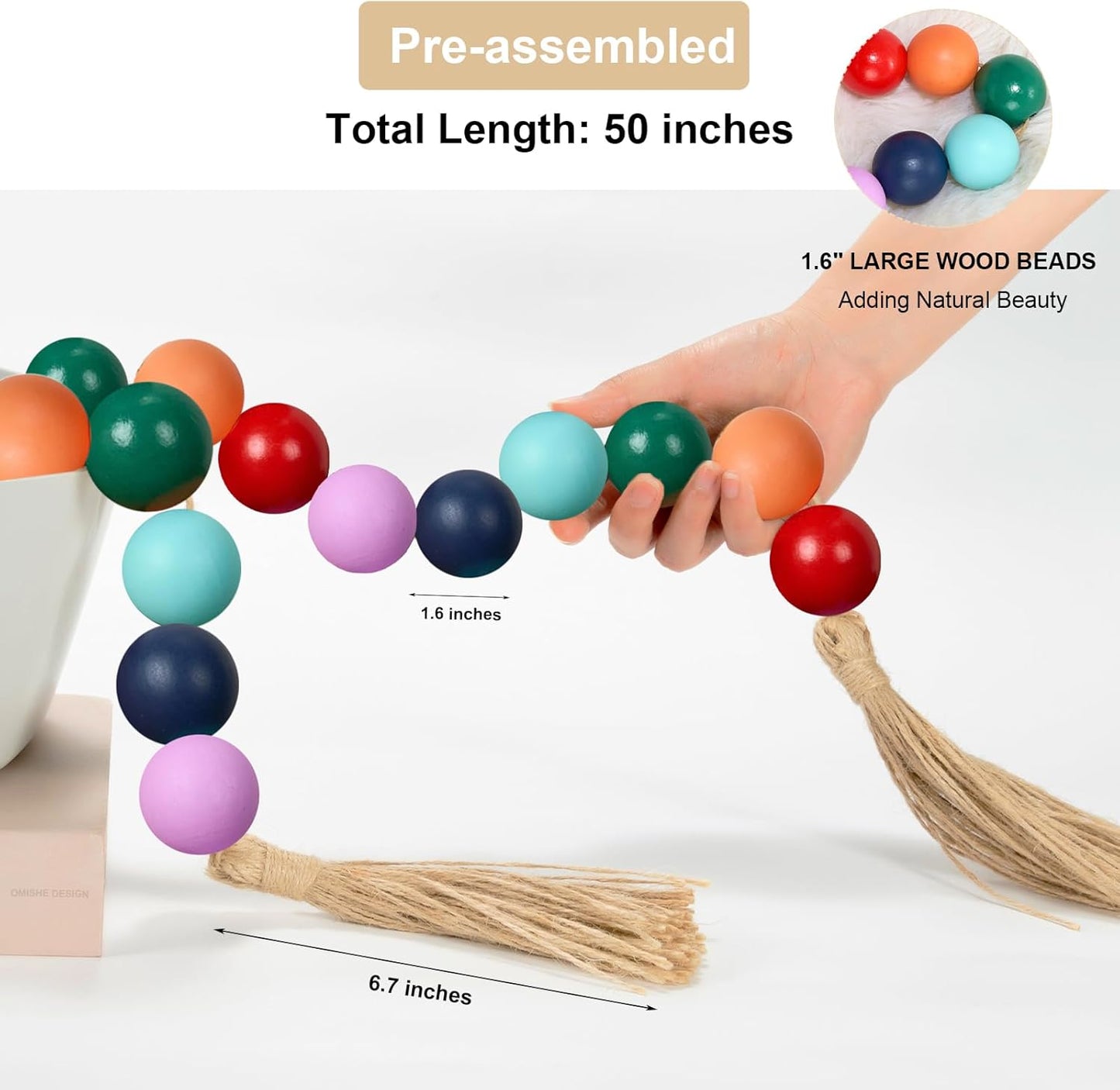 OMISHE Extra Large Wood Bead Garland with 1.6" Diameter Wooden Beads and Tassels, 41" Long Rustic Farmhouse Country Decorative Beads for Home Tiered Tray Decor, Natural Beige