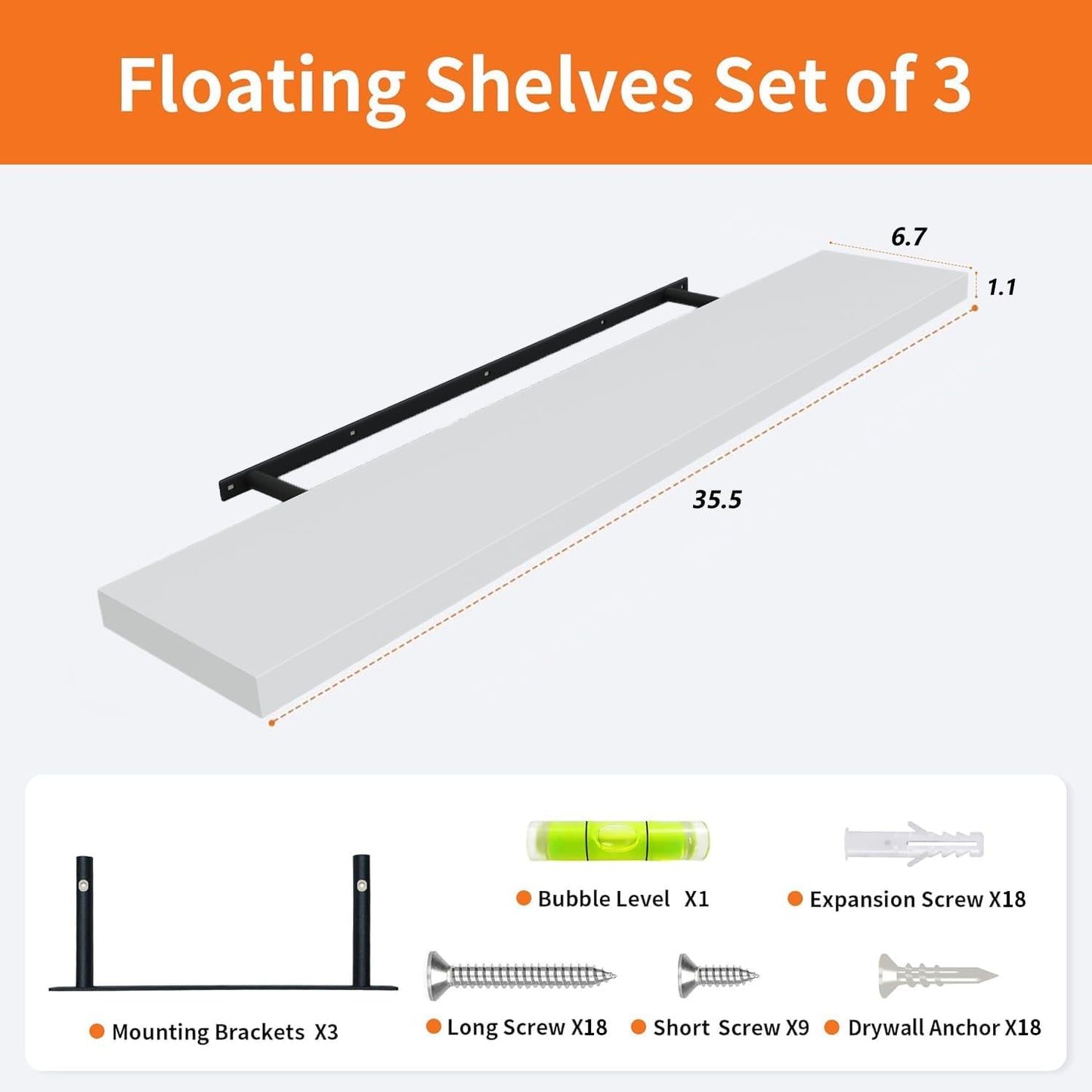 Upassion White Floating Shelves - Set of 3, 16" Wall Mounted Shelves for Home Decor, Living Room, Bedroom, Bathroom, Kitchen