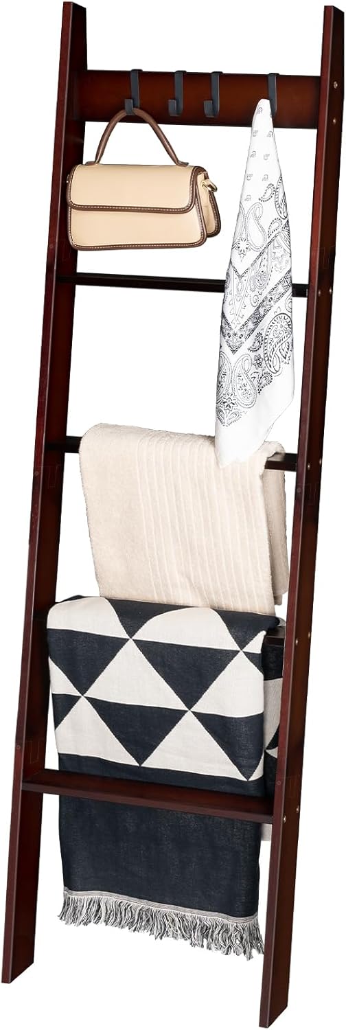 HOOBRO Blanket Ladder for Living Room and Bedroom, 5-Tier Wall Leaning Towel Rack for Bathroom, Decorative Ladder Shelf with 4 Removable Hooks, Farmhouse Blanket Storage, Mocha MA51CJ01G1
