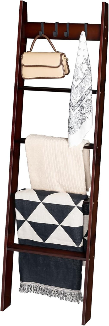 HOOBRO Blanket Ladder for Living Room and Bedroom, 5-Tier Wall Leaning Towel Rack for Bathroom, Decorative Ladder Shelf with 4 Removable Hooks, Farmhouse Blanket Storage, Mocha MA51CJ01G1