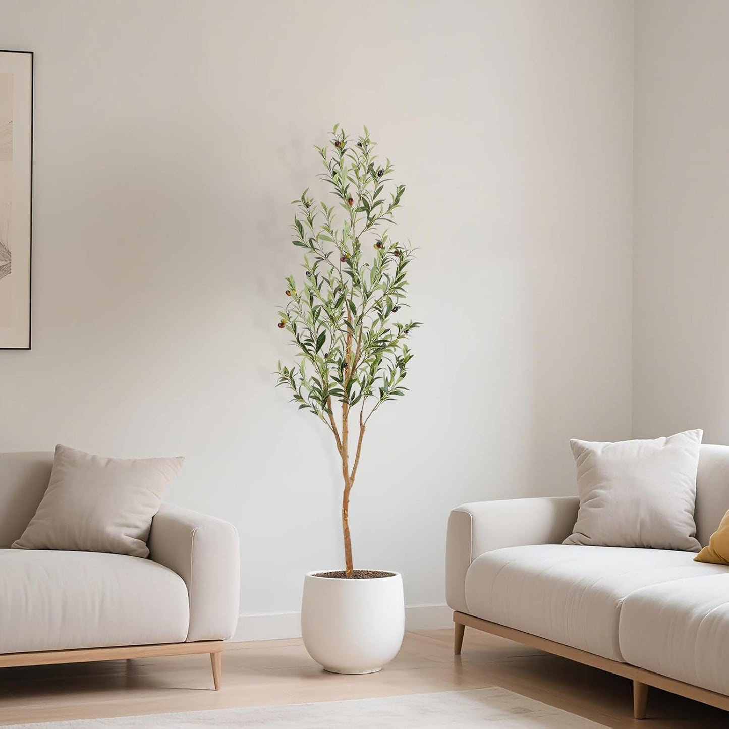 Bellacat Faux Olive Tree 7ft，Olive Trees Artificial Indoor with Natural Wood Trunk and Realistic Leaves and Fruits. 7 Feet(84in) Fake Olive Tree for Home House Office Décor.