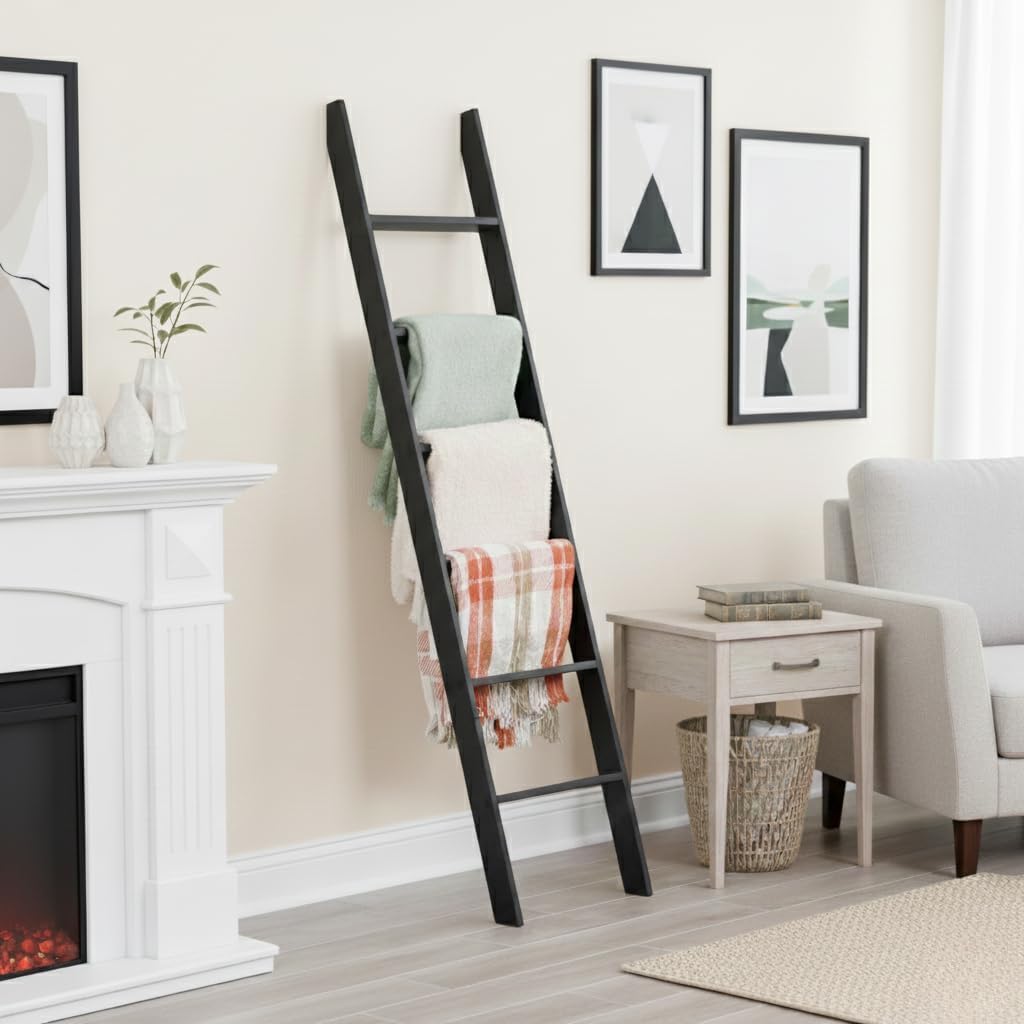 Blanket Ladder for Living Room and Bedroom, 5ft 8 inch, 6-Tier Wall Leaning Laminate Snag Free Construction (White) Rustic Decorative Farmhouse Blanket Storage, Quilt Rack, Ladder Shelf, Easy Assembly