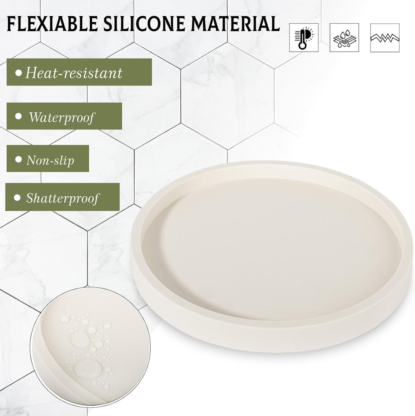 Silicone Bathroom Tray Round Vanity Tray Decorative Soap Holder Kitchen Countertop Organizer Coffee Table Decor for Candle, Perfume, Plant, 9 Inch, Black