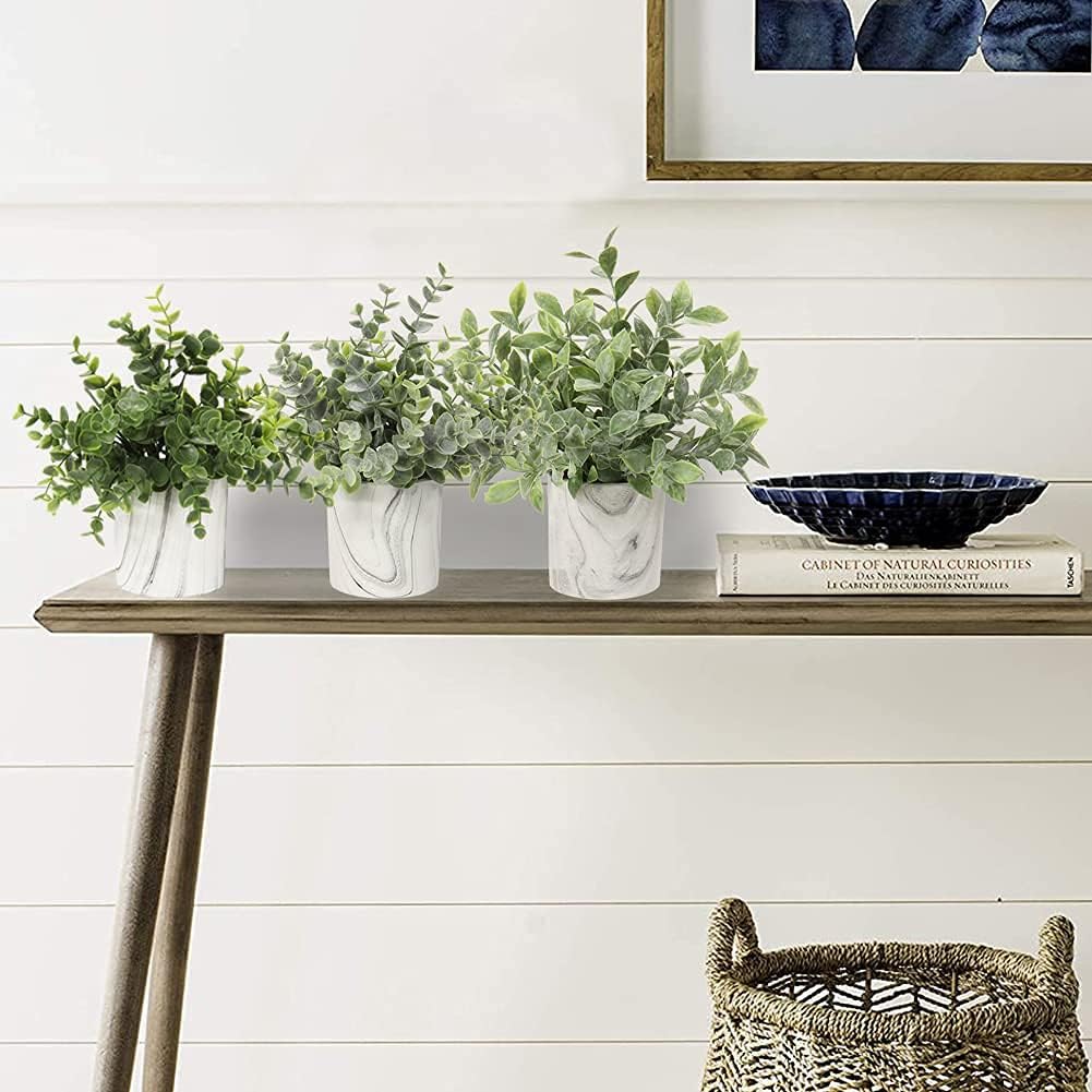 Hollyone Mini Artificial Potted Plants Fake Plants in Marble Pots, 1Pcs Plastic Eucalyptus Greenery Faux Plants for Home Office Desk Room Centerpiece Shelf Décor