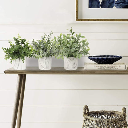 Hollyone Mini Artificial Potted Plants Fake Plants in Marble Pots, 1Pcs Plastic Eucalyptus Greenery Faux Plants for Home Office Desk Room Centerpiece Shelf Décor