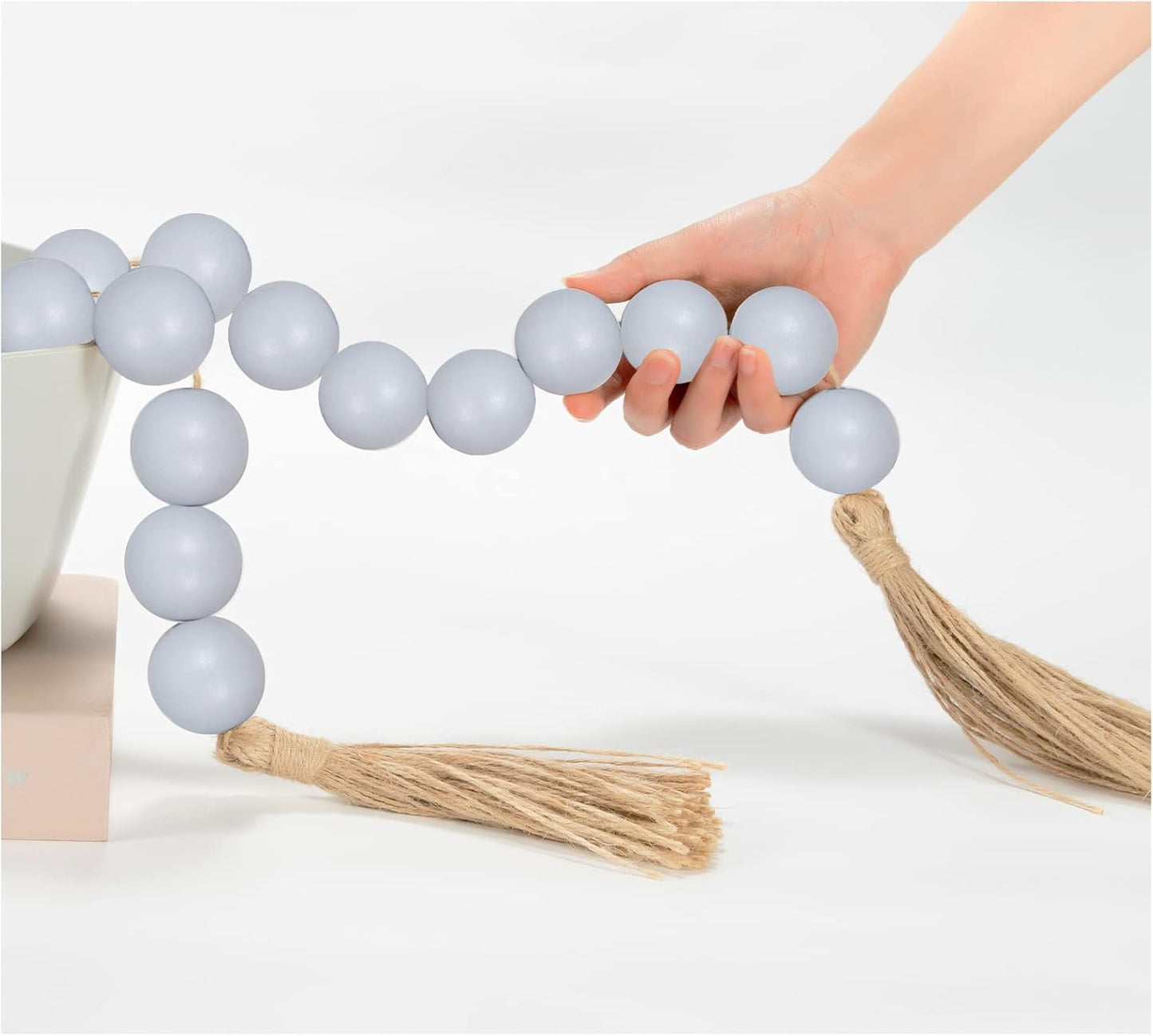 OMISHE Extra Large Wood Bead Garland with 1.6" Diameter Wooden Beads and Tassels, 41" Long Rustic Farmhouse Country Decorative Beads for Home Tiered Tray Decor, Natural Beige