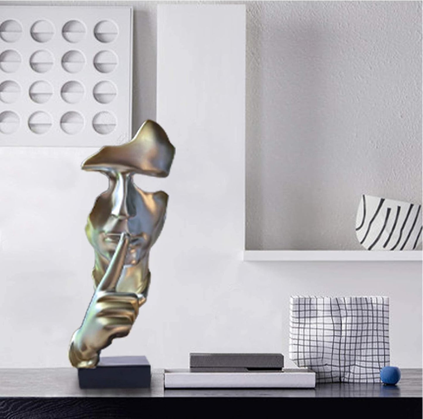 aboxoo Thinker Statue, Silence is Gold Abstract Art Figurine,Modern Home Resin Sculptures Decorative Objects,Table Top Decor for Livingroom Home Decor,Office Study Sculpture,Shh mask Statue(Gold)